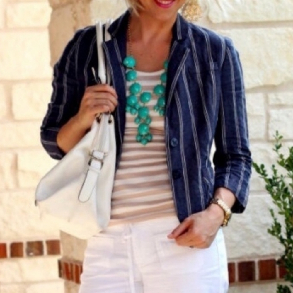 CAbi Nautical Blue And White Striped Linen Blazer Sz 4